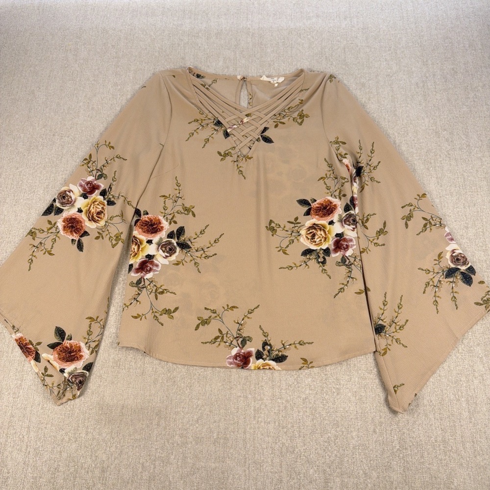 Entro Floral Blouse Women Size S Pink Bell Sleeve Criss Cross V-Neck Top